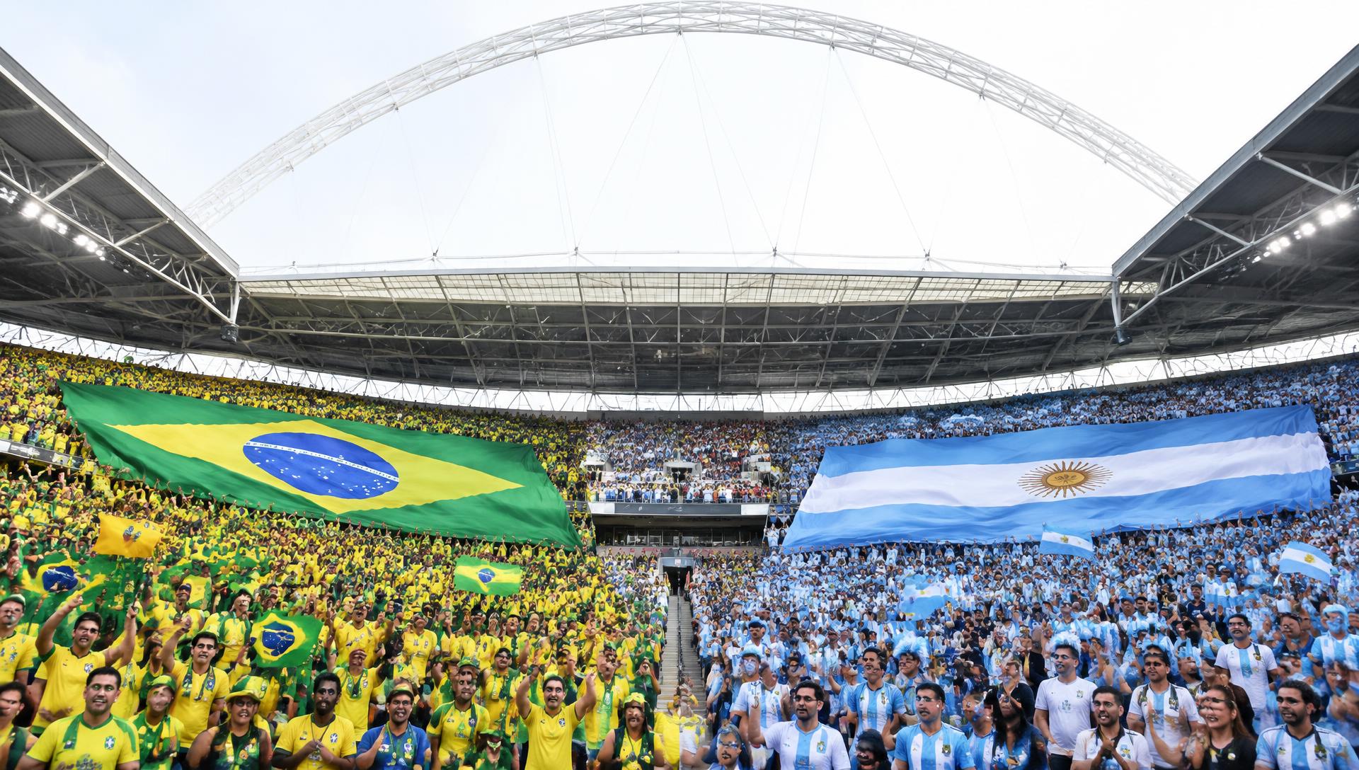 Illustrated Brazil and Argentina supporters with national flags